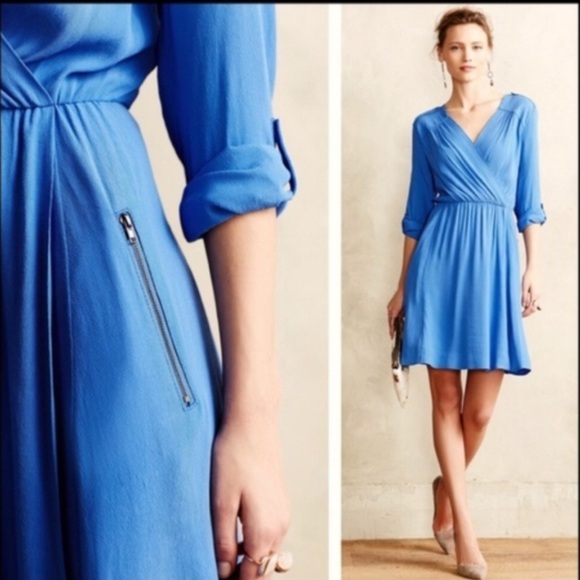 Anthropologie Maeve Lene Crepe Wrap Dress Blue Large - Picture 2 of 8